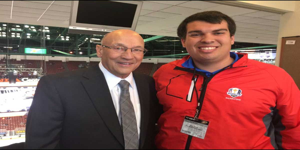 Hall of Fame broadcaster Bob Miller (left) standing next to concordia student Blake Warye (right)